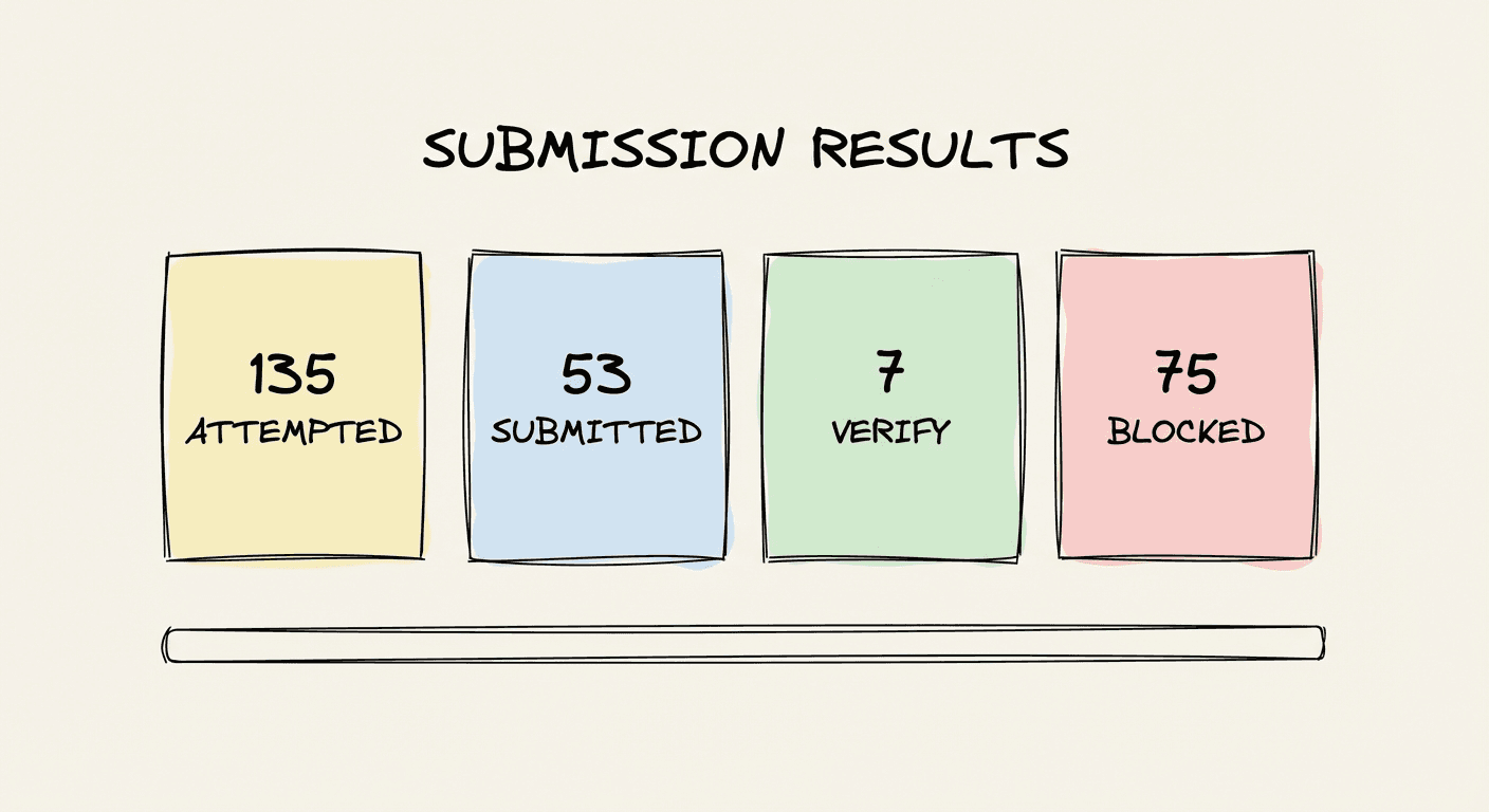 Excalidraw-style scoreboard of directory submission outcomes: 135 attempts, 53 submitted, 7 needs verification, 75 blocked
